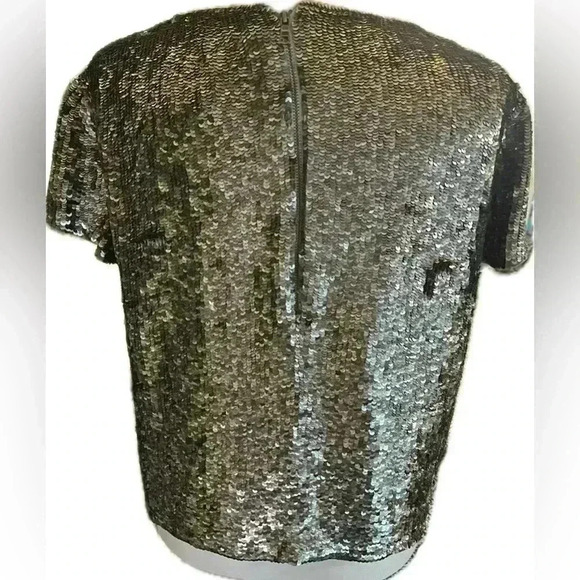 Alice + Olivia Silver Sequin Top - Sarita Short Sleeve Blouse Small Petite - Picture 3 of 12